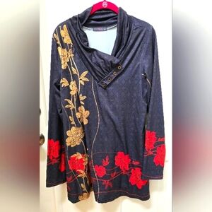 Azalea By Firminiana Gray Floral Embroidered Cowl Neck Top Size XL-NWOT